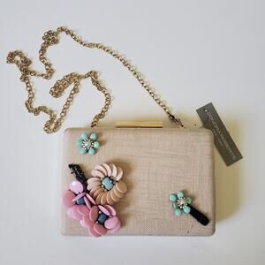 Sondra Roberts Hard‎ Shell Clutch Purse 3D Flowers Chain Strap Clasp Closure NEW